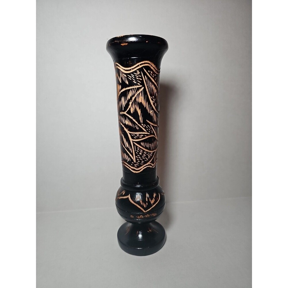 Vintage Dark Brown Hand Carved Wooden Pedastal Vase